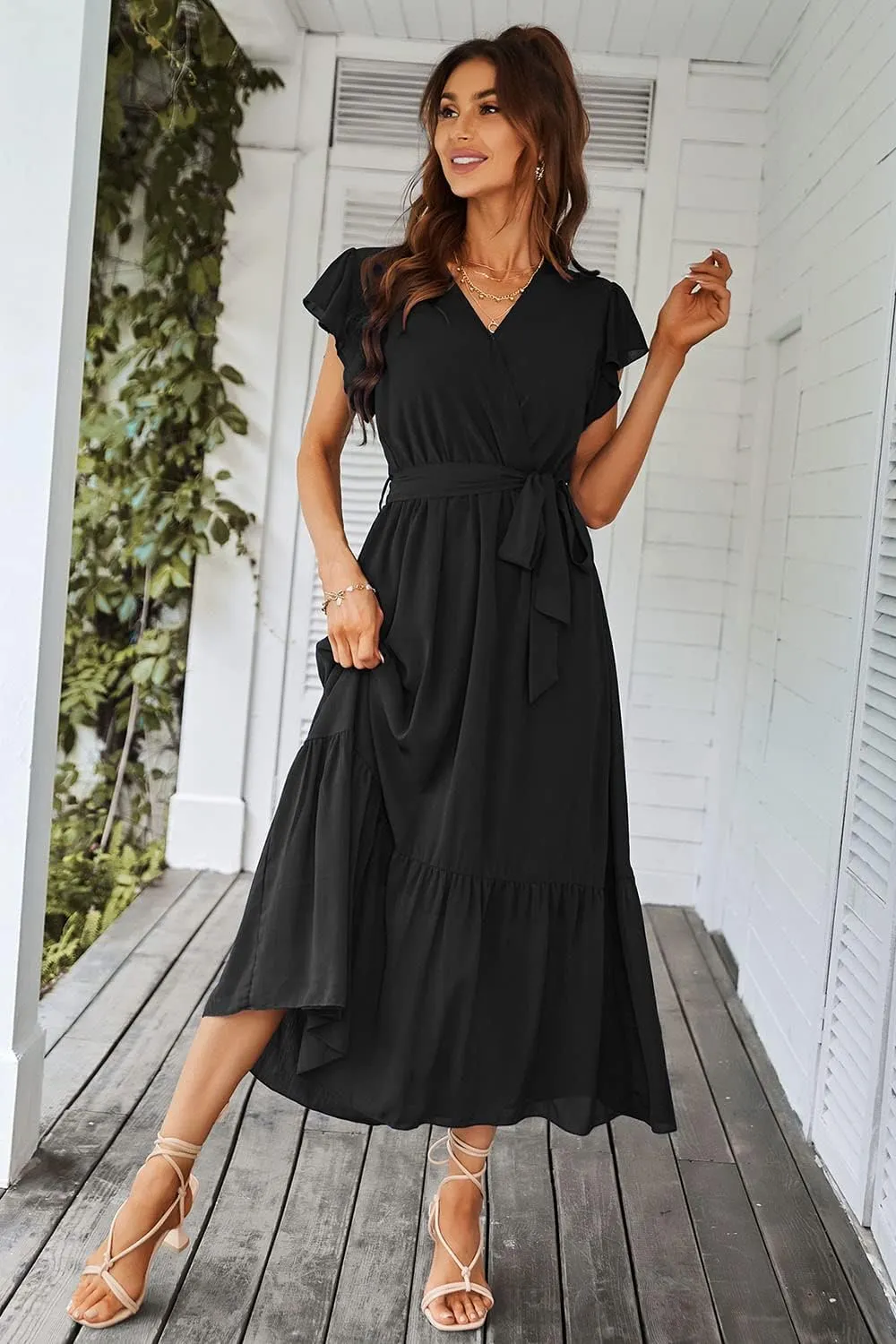 PRETTYGARDEN Women's Summer Floral Boho Maxi Dress Wrap Short Sleeve V Neck Ruffle A-Line Flowy Wedding Guest Long Dresses