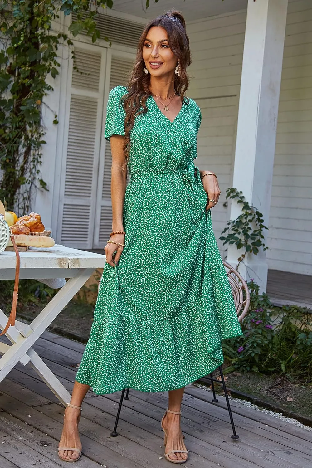 PRETTYGARDEN Women's Summer Floral Boho Maxi Dress Wrap Short Sleeve V Neck Ruffle A-Line Flowy Wedding Guest Long Dresses