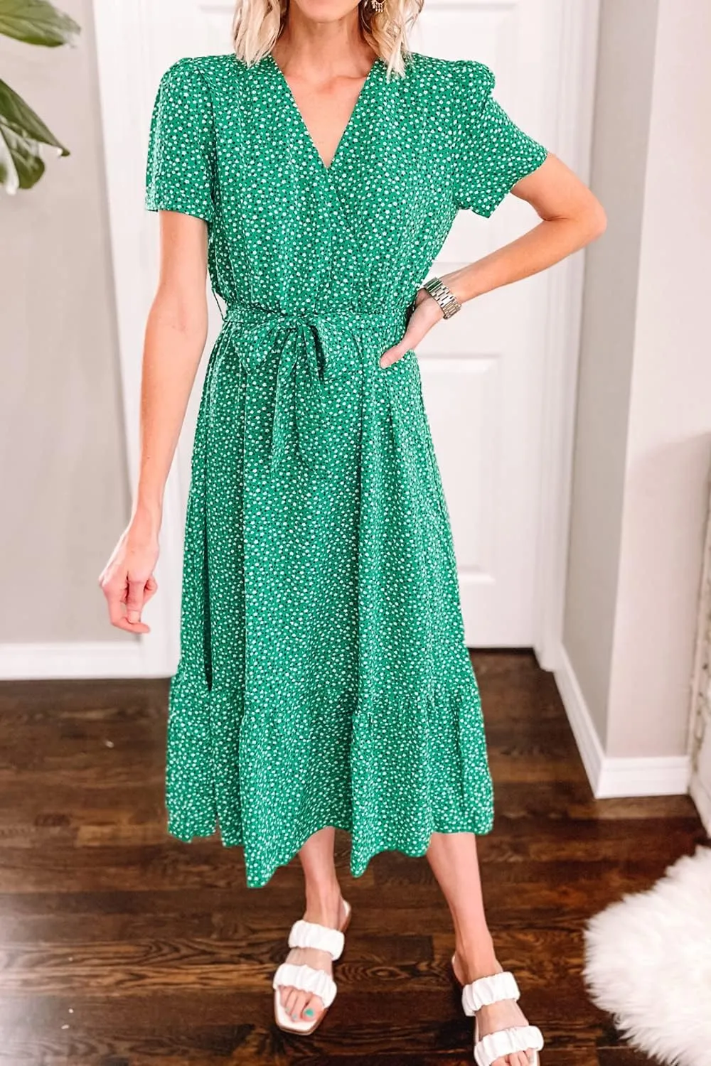 PRETTYGARDEN Women's Summer Floral Boho Maxi Dress Wrap Short Sleeve V Neck Ruffle A-Line Flowy Wedding Guest Long Dresses