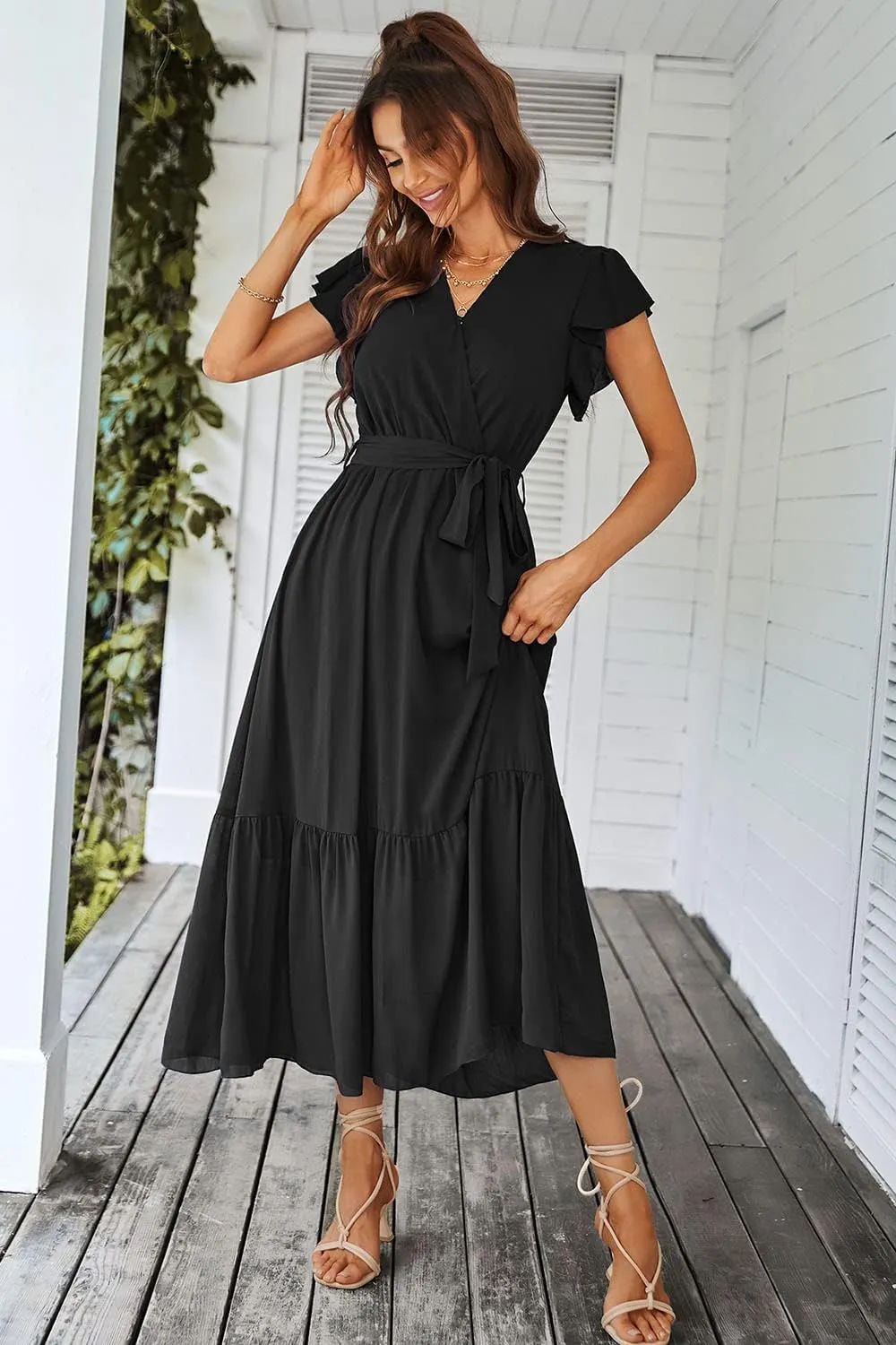 PRETTYGARDEN Women's Summer Floral Boho Maxi Dress Wrap Short Sleeve V Neck Ruffle A-Line Flowy Wedding Guest Long Dresses