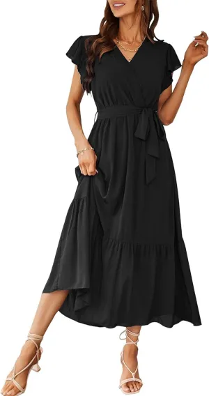 PRETTYGARDEN Women's Summer Floral Boho Maxi Dress Wrap Short Sleeve V Neck Ruffle A-Line Flowy Wedding Guest Long Dresses