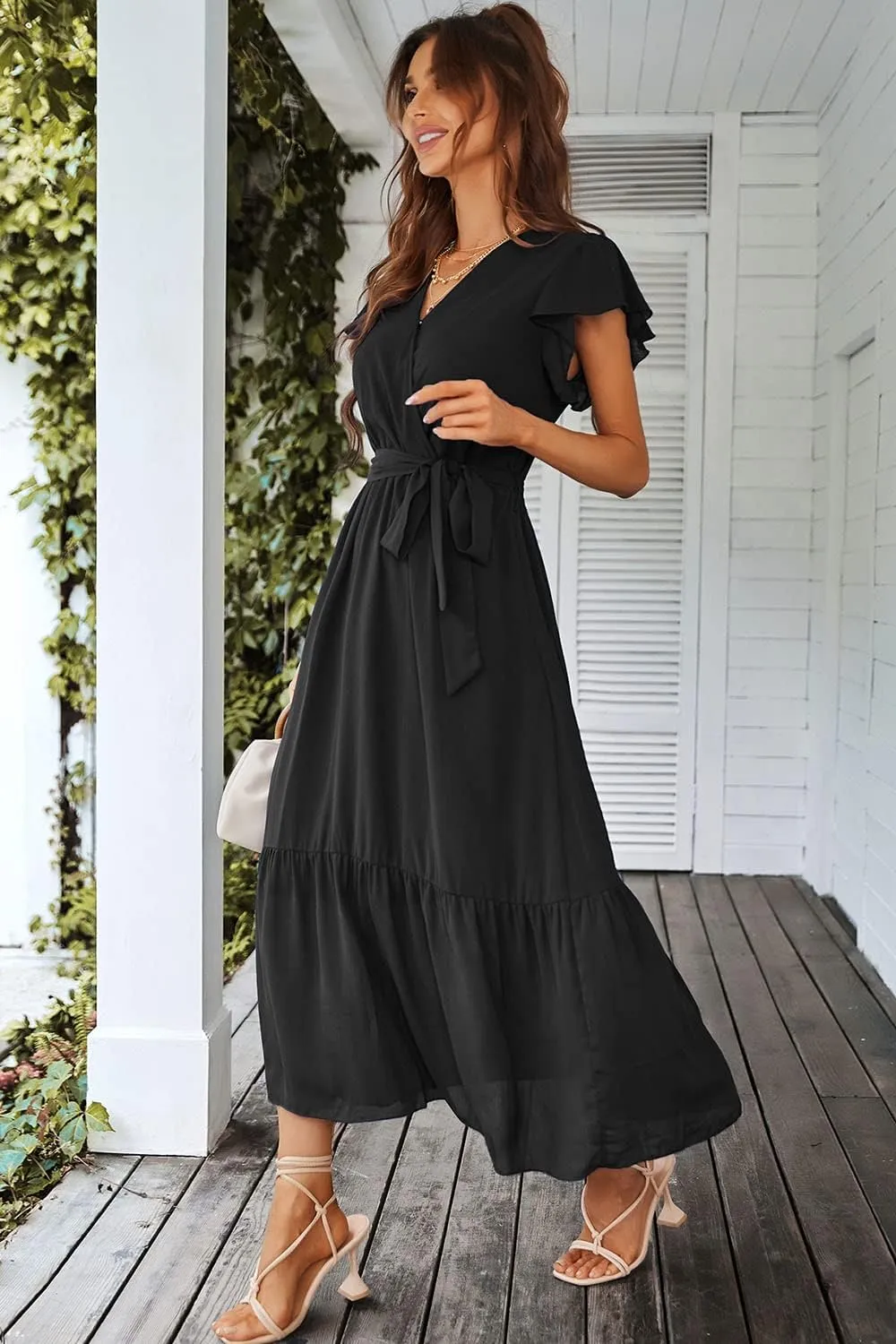 PRETTYGARDEN Women's Summer Floral Boho Maxi Dress Wrap Short Sleeve V Neck Ruffle A-Line Flowy Wedding Guest Long Dresses