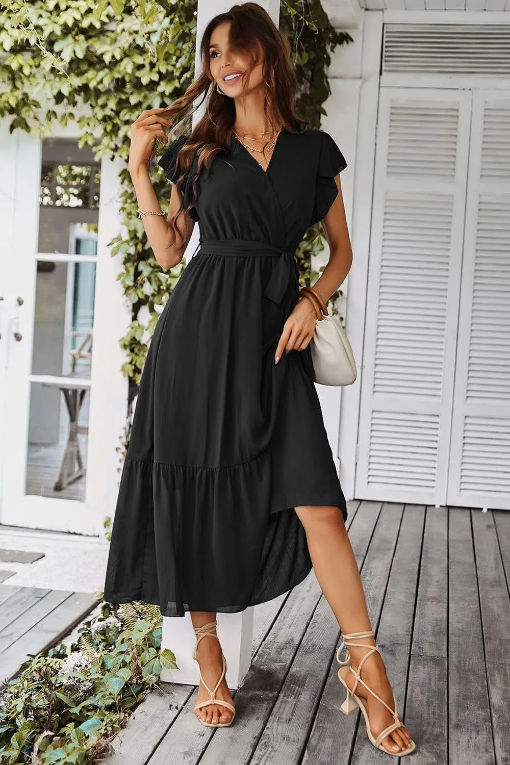 PRETTYGARDEN Women's Summer Floral Boho Maxi Dress Wrap Short Sleeve V Neck Ruffle A-Line Flowy Wedding Guest Long Dresses