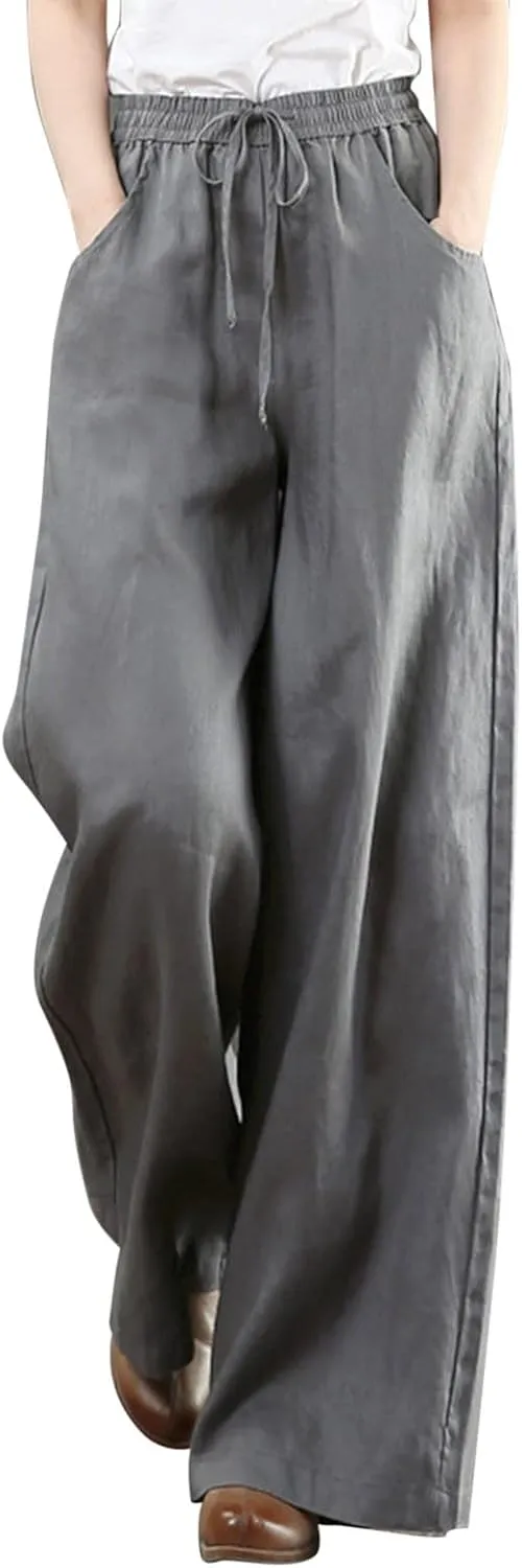 PTOLOCIF Cotton Pants for Women,Baggy Linen Pants Summer Lightweight High Waist Palazzo Pants Loose Straight Leg Pants