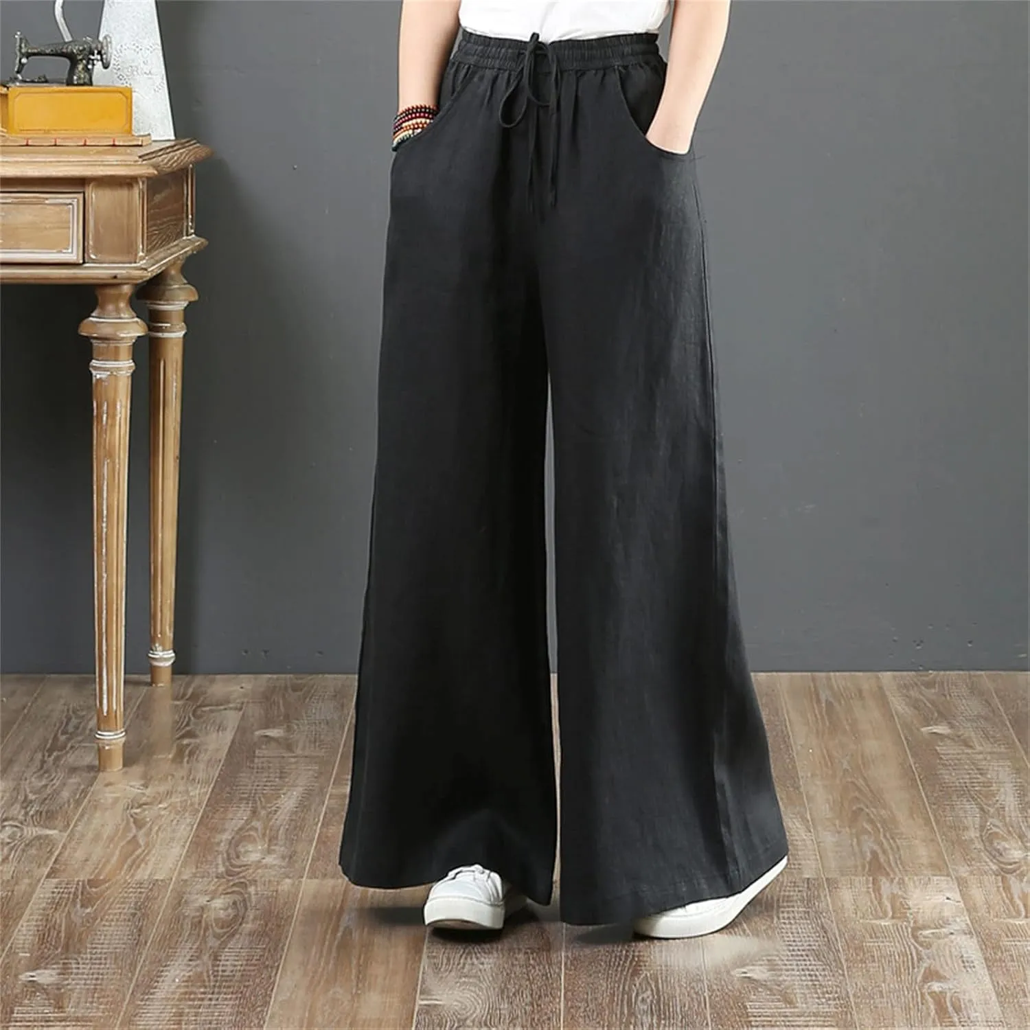PTOLOCIF Cotton Pants for Women,Baggy Linen Pants Summer Lightweight High Waist Palazzo Pants Loose Straight Leg Pants