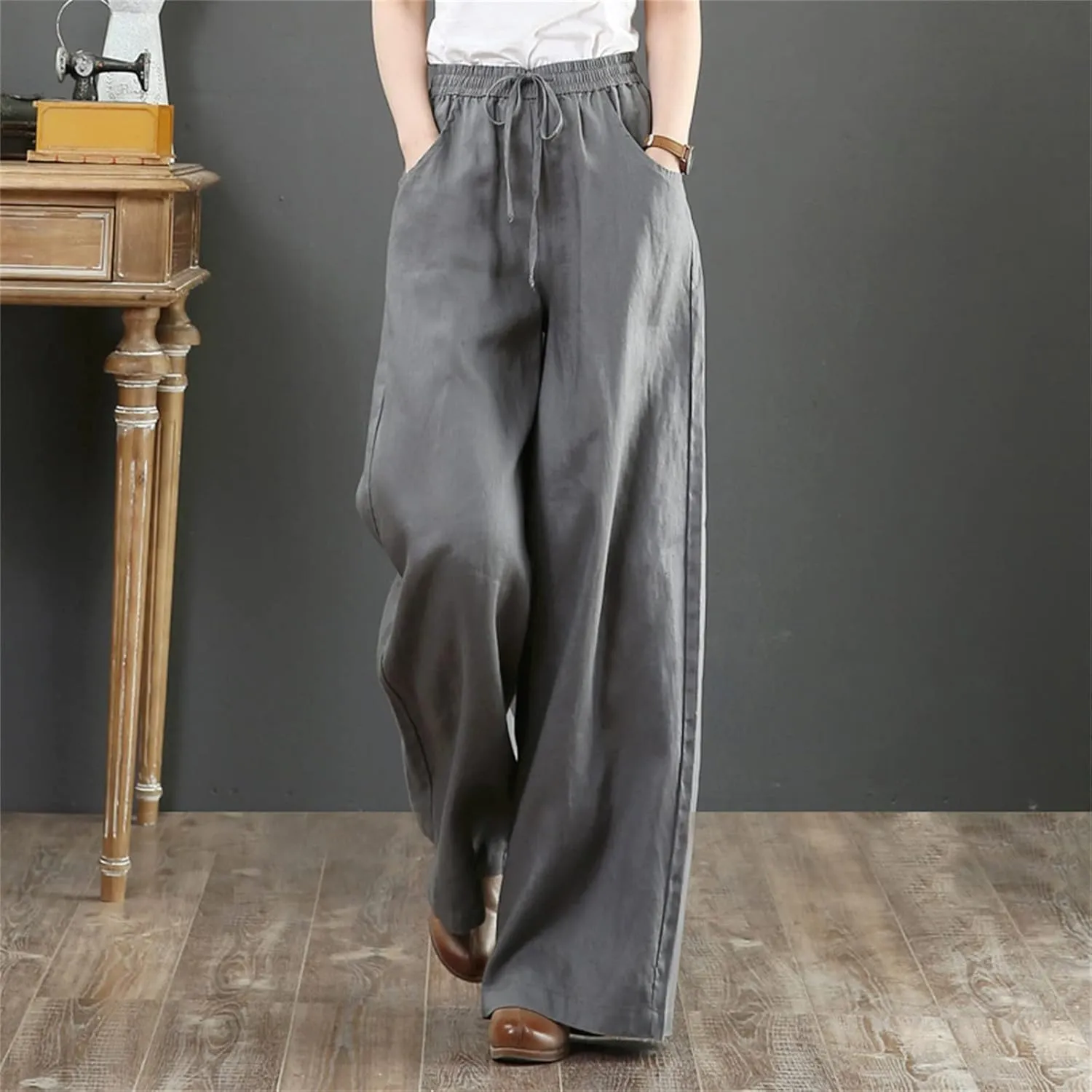 PTOLOCIF Cotton Pants for Women,Baggy Linen Pants Summer Lightweight High Waist Palazzo Pants Loose Straight Leg Pants