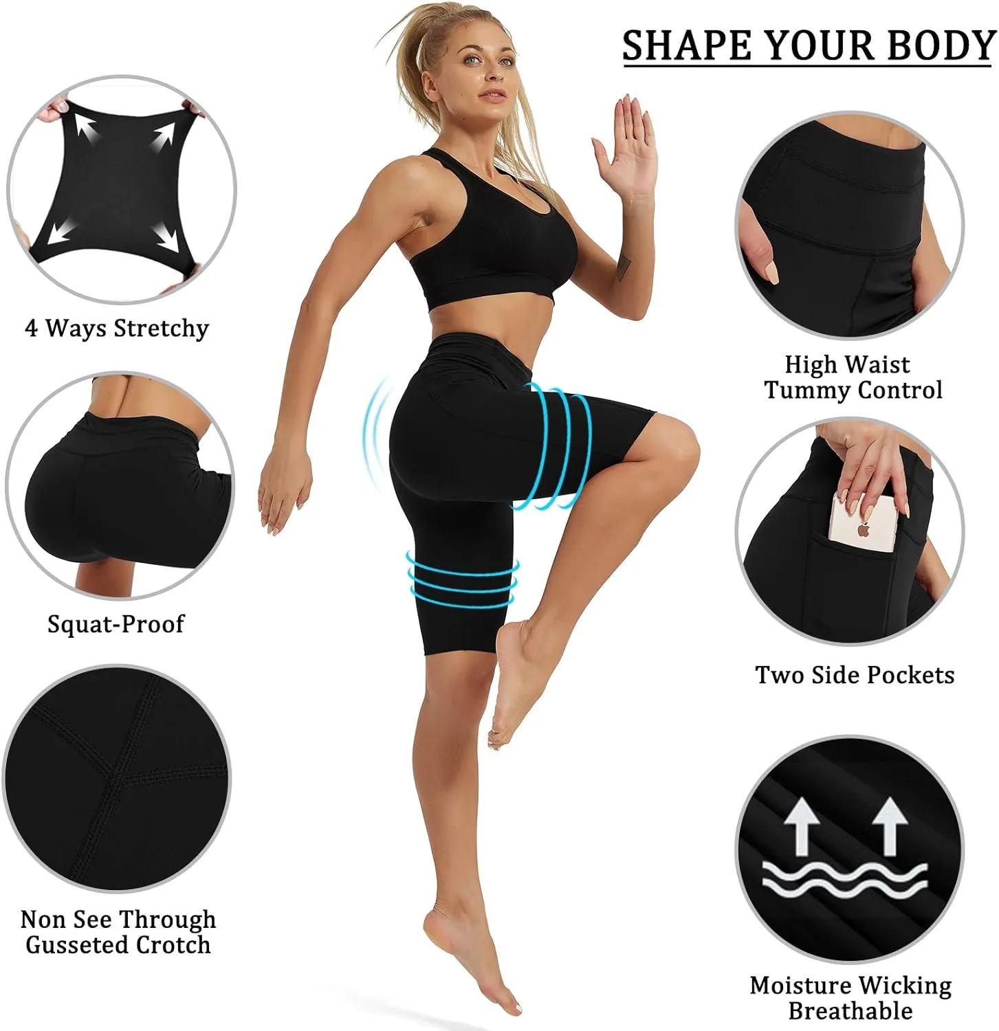 Rataves Womens Shorts 10" Workout Yoga Shorts with Pockets High Waisted Athletic Shorts Running Biker Shorts（007）