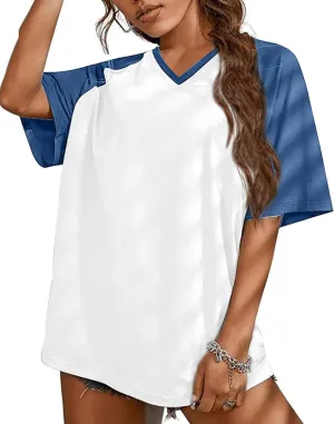 Remidoo Womens Short Sleeve Oversized T Shirt Color Block V Neck Casual Tee Tops