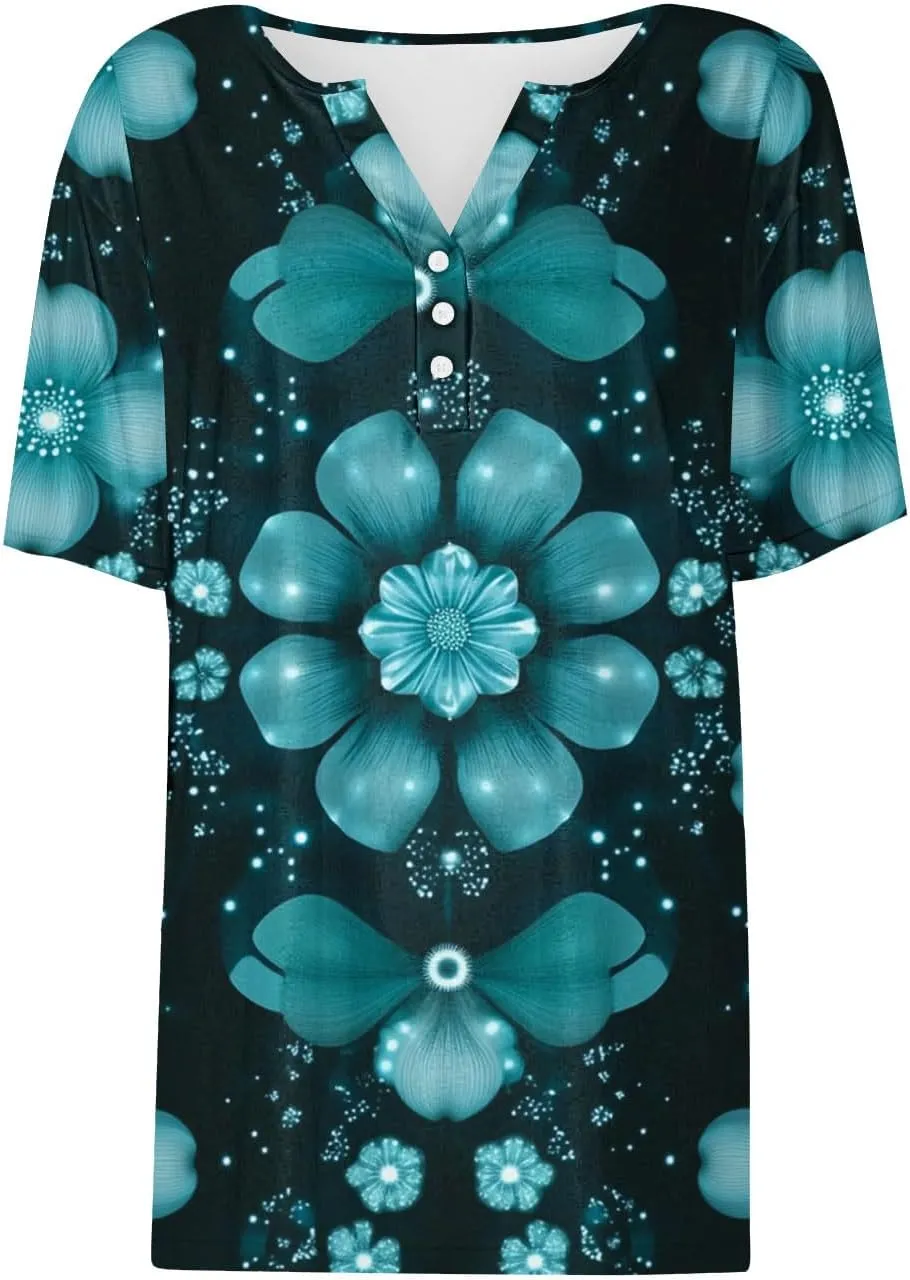Retro Floral Shirts for Women Henley V Neck Button Down Shirt Trendy Sexy Slim Tunic Blouses Loose Casual Tops