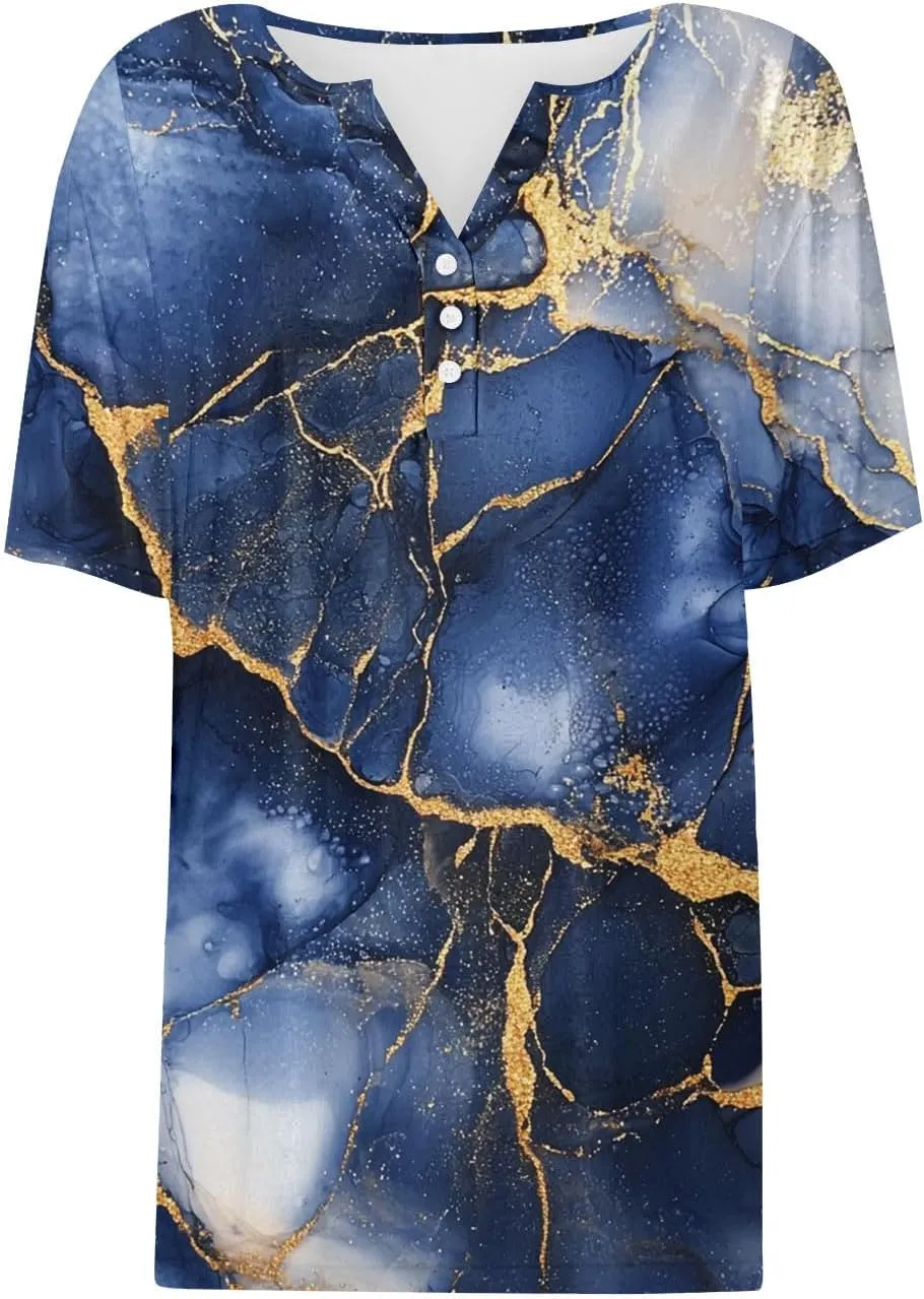 Retro Floral Shirts for Women Henley V Neck Button Down Shirt Trendy Sexy Slim Tunic Blouses Loose Casual Tops