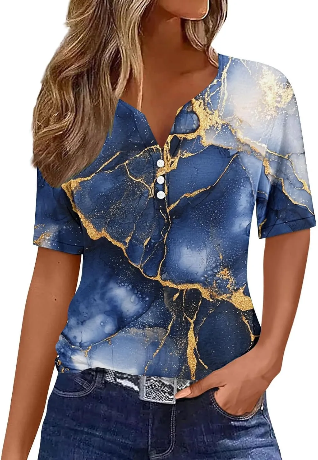 Retro Floral Shirts for Women Henley V Neck Button Down Shirt Trendy Sexy Slim Tunic Blouses Loose Casual Tops