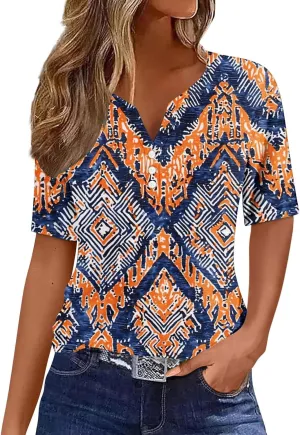 Retro Floral Shirts for Women Henley V Neck Button Down Shirt Trendy Sexy Slim Tunic Blouses Loose Casual Tops
