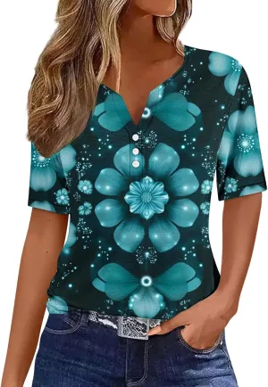 Retro Floral Shirts for Women Henley V Neck Button Down Shirt Trendy Sexy Slim Tunic Blouses Loose Casual Tops