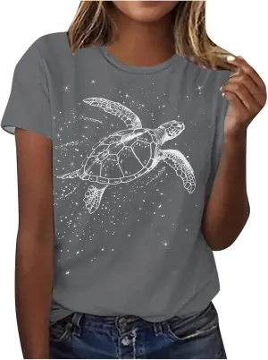 Sea Turtles Graphic Tops for Women Crewneck Short Sleeve Tshirts Summer Casual Trendy Blouses Beach Vacation Tees