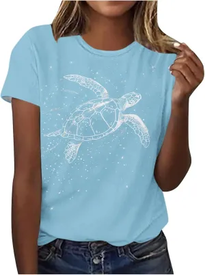 Sea Turtles Graphic Tops for Women Crewneck Short Sleeve Tshirts Summer Casual Trendy Blouses Beach Vacation Tees