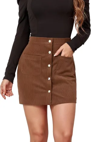 Sheface Women's Corduroy Button Down Mini Short Skirt High Waist A-line Wrap Skirts with Pockets