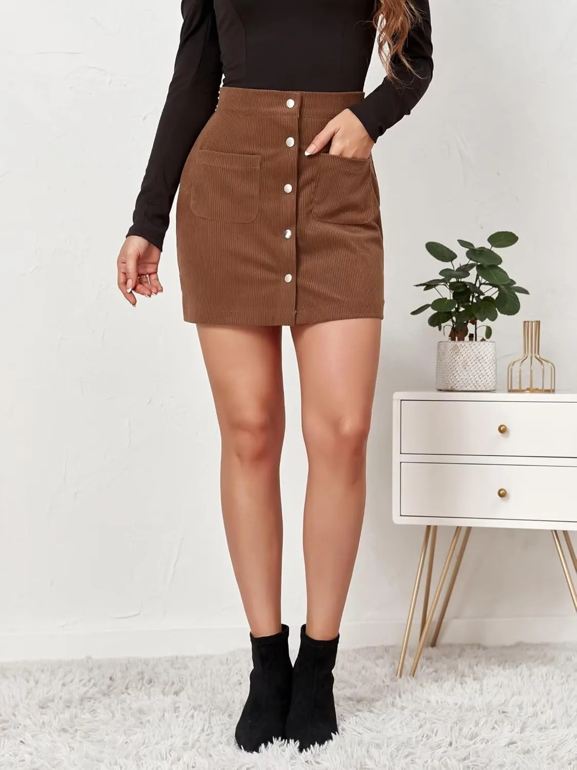 Sheface Women's Corduroy Button Down Mini Short Skirt High Waist A-line Wrap Skirts with Pockets