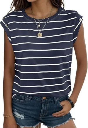 Shirts for Women Striped Print Tops Cap Sleeve T-Shirt Round Neck Basic Tunic Top Casual Loose Fit Summer Clothes