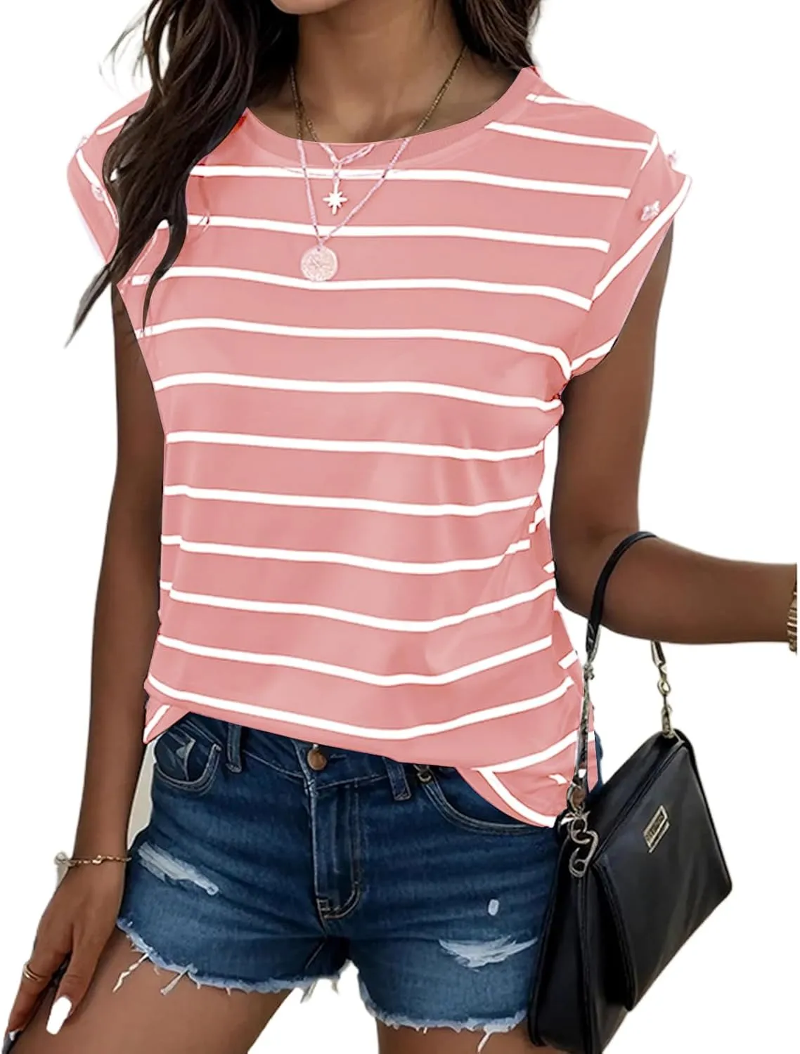 Shirts for Women Striped Print Tops Cap Sleeve T-Shirt Round Neck Basic Tunic Top Casual Loose Fit Summer Clothes