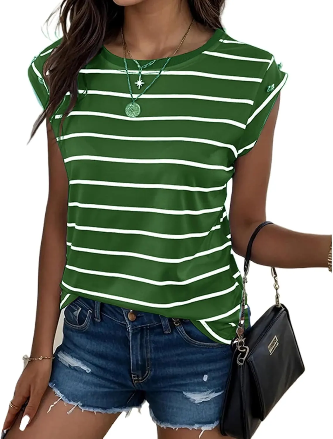 Shirts for Women Striped Print Tops Cap Sleeve T-Shirt Round Neck Basic Tunic Top Casual Loose Fit Summer Clothes