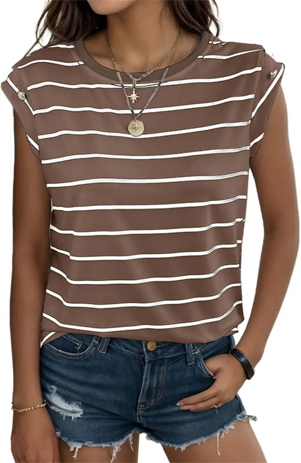 Shirts for Women Striped Print Tops Cap Sleeve T-Shirt Round Neck Basic Tunic Top Casual Loose Fit Summer Clothes