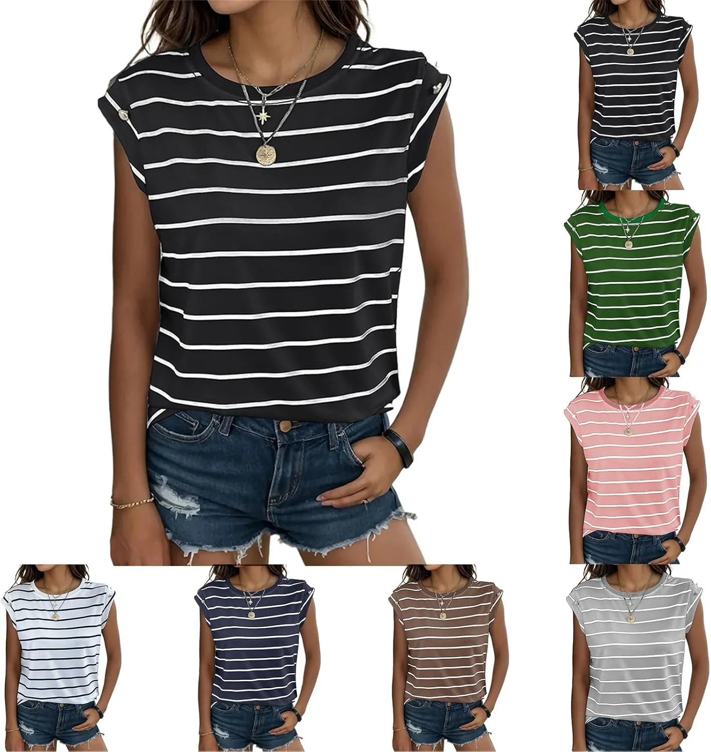 Shirts for Women Striped Print Tops Cap Sleeve T-Shirt Round Neck Basic Tunic Top Casual Loose Fit Summer Clothes