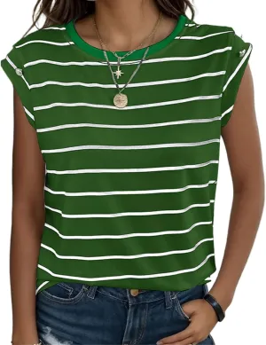 Shirts for Women Striped Print Tops Cap Sleeve T-Shirt Round Neck Basic Tunic Top Casual Loose Fit Summer Clothes