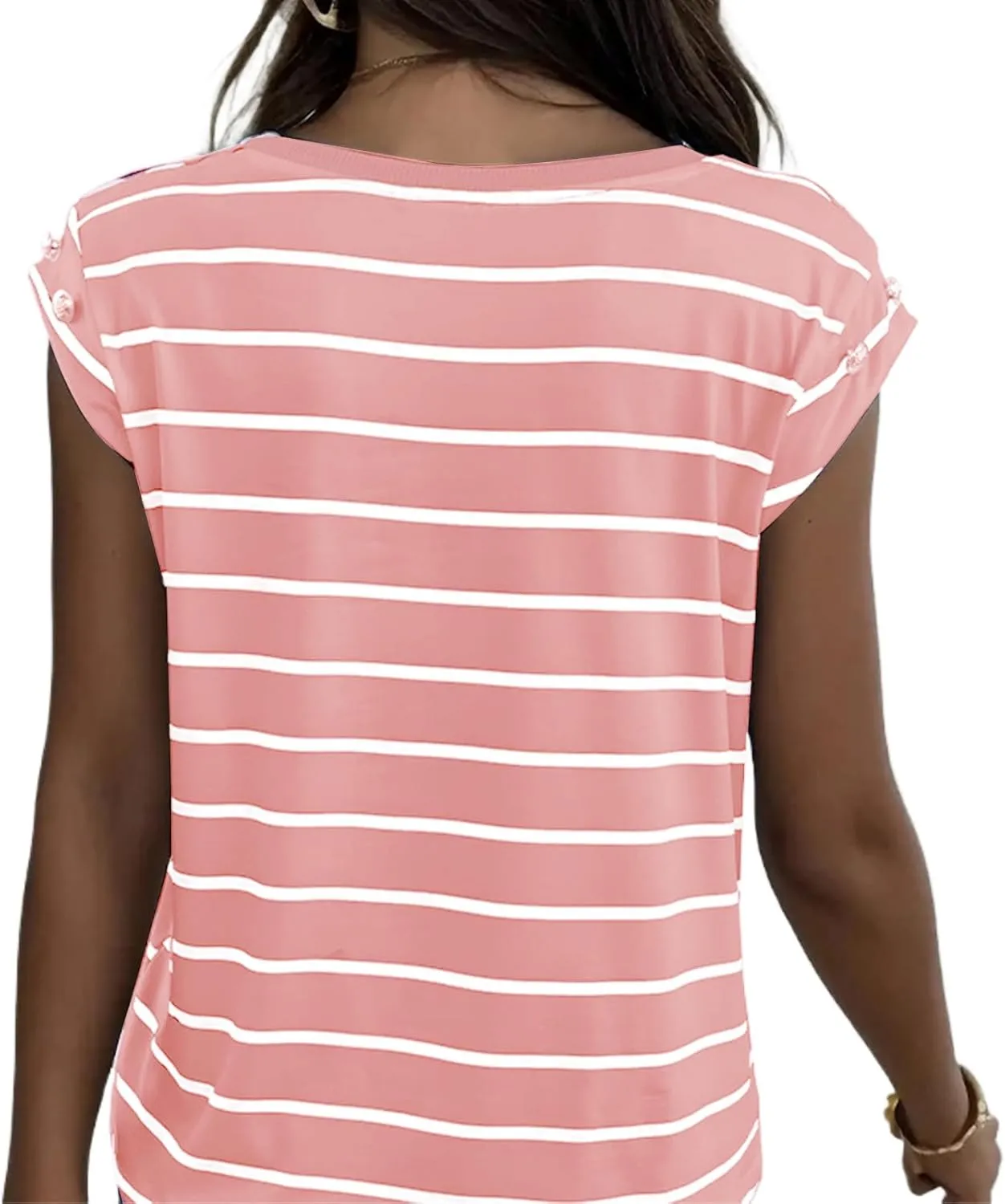 Shirts for Women Striped Print Tops Cap Sleeve T-Shirt Round Neck Basic Tunic Top Casual Loose Fit Summer Clothes