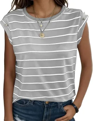 Shirts for Women Striped Print Tops Cap Sleeve T-Shirt Round Neck Basic Tunic Top Casual Loose Fit Summer Clothes