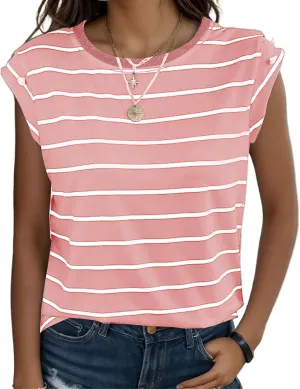 Shirts for Women Striped Print Tops Cap Sleeve T-Shirt Round Neck Basic Tunic Top Casual Loose Fit Summer Clothes