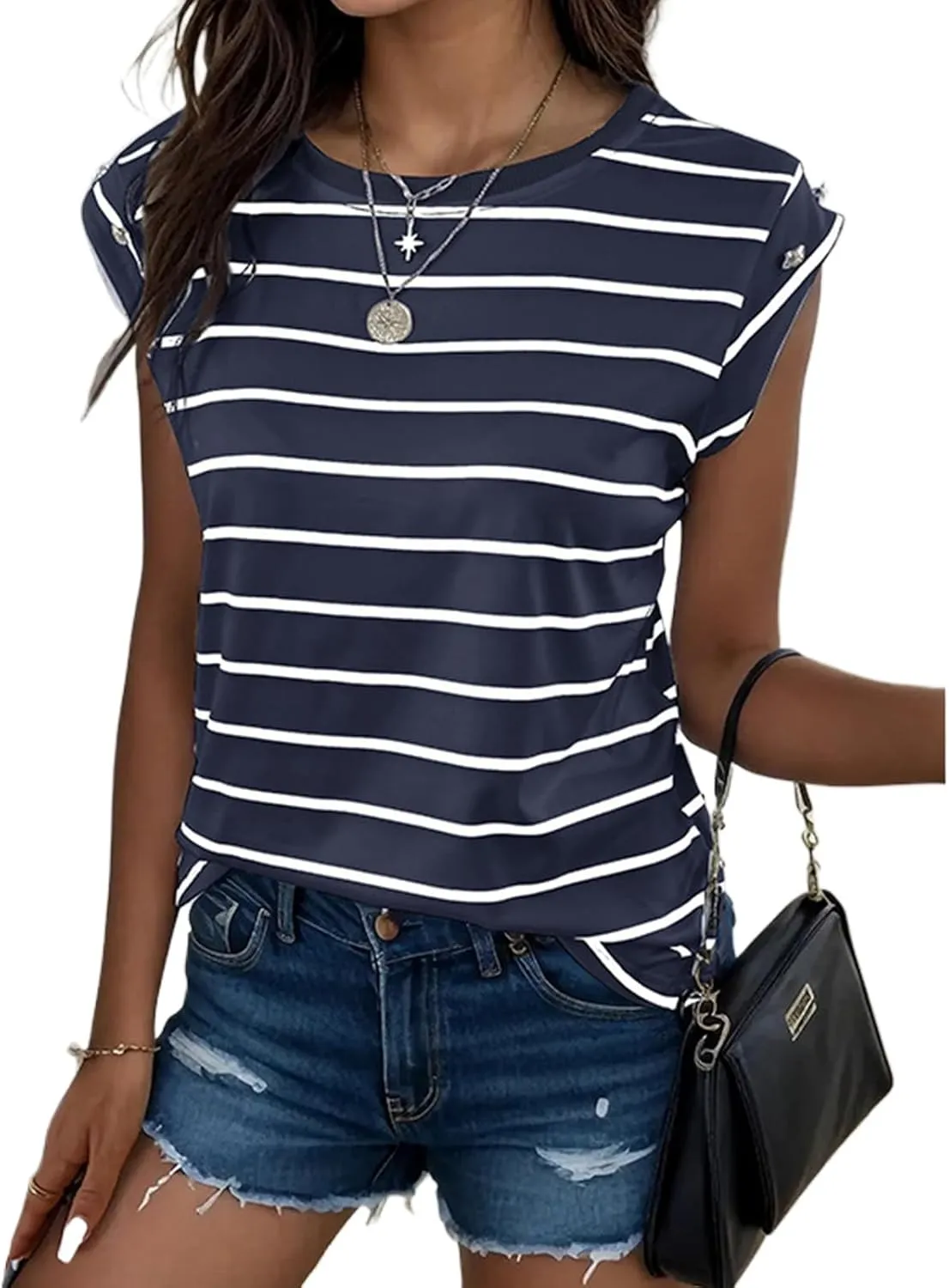 Shirts for Women Striped Print Tops Cap Sleeve T-Shirt Round Neck Basic Tunic Top Casual Loose Fit Summer Clothes