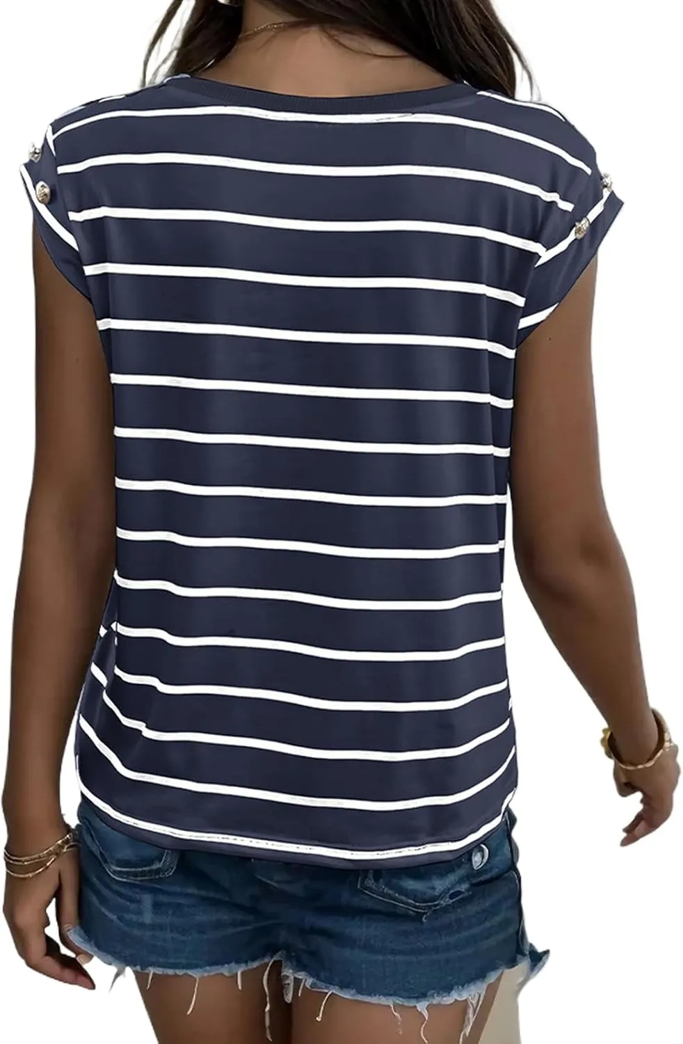Shirts for Women Striped Print Tops Cap Sleeve T-Shirt Round Neck Basic Tunic Top Casual Loose Fit Summer Clothes