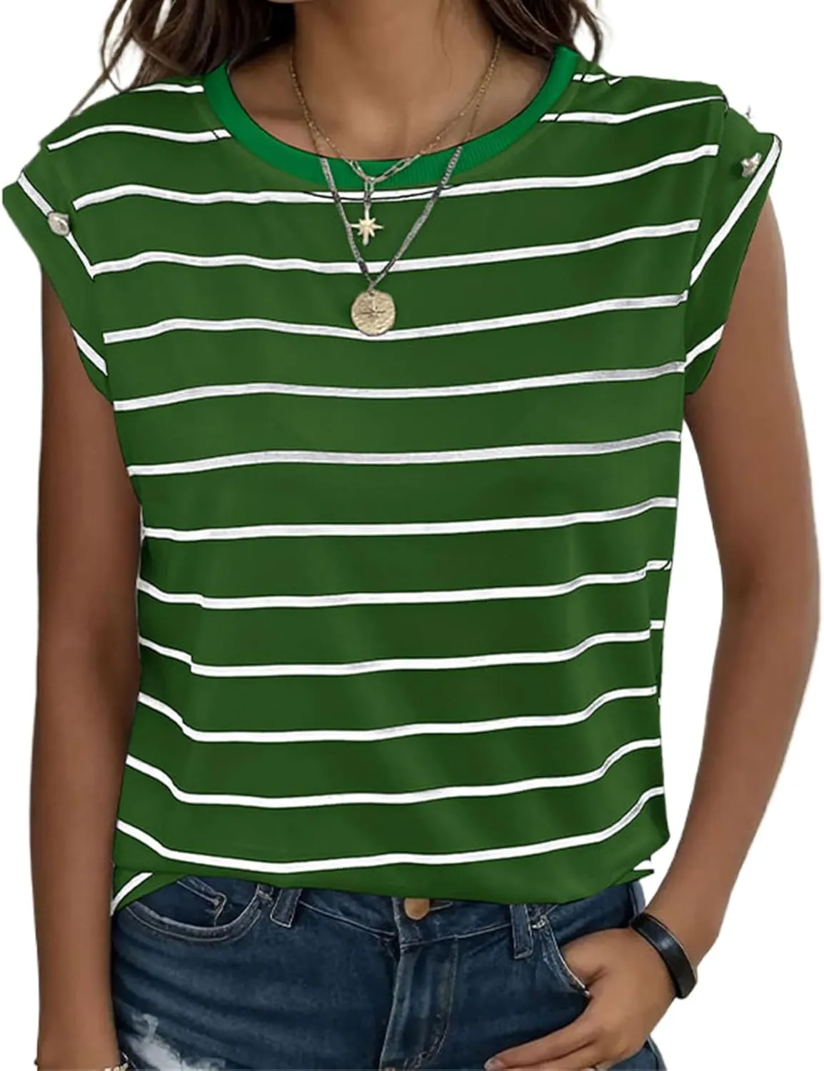 Shirts for Women Striped Print Tops Cap Sleeve T-Shirt Round Neck Basic Tunic Top Casual Loose Fit Summer Clothes