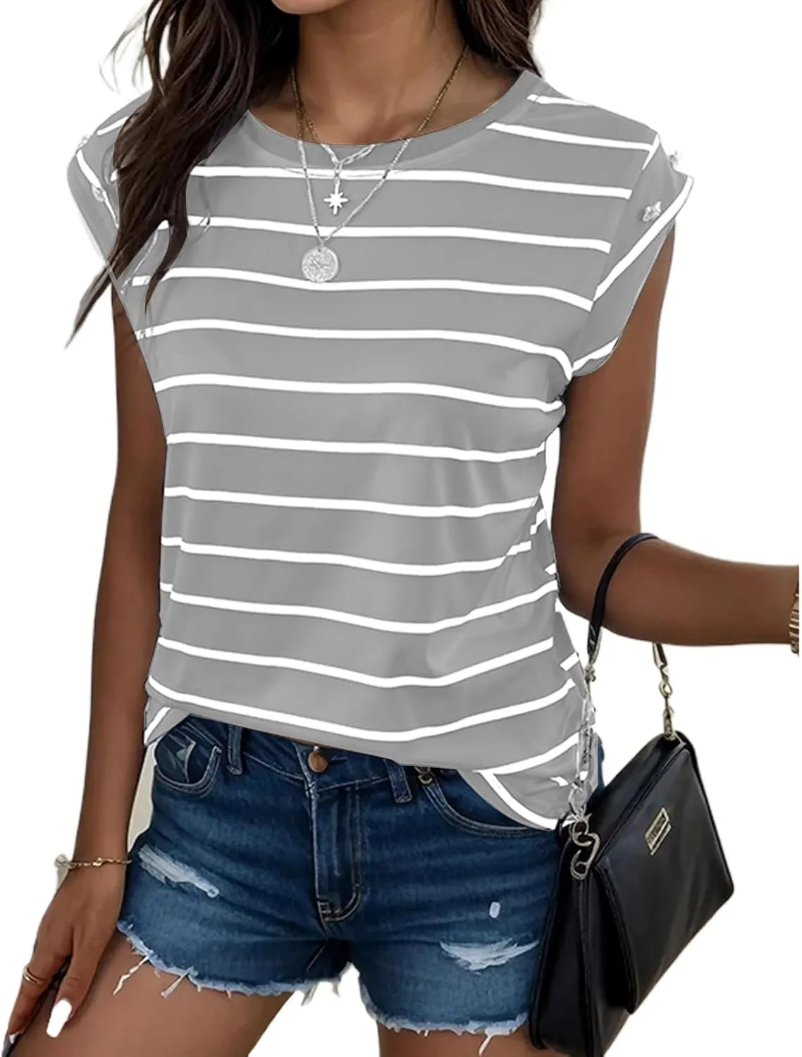 Shirts for Women Striped Print Tops Cap Sleeve T-Shirt Round Neck Basic Tunic Top Casual Loose Fit Summer Clothes