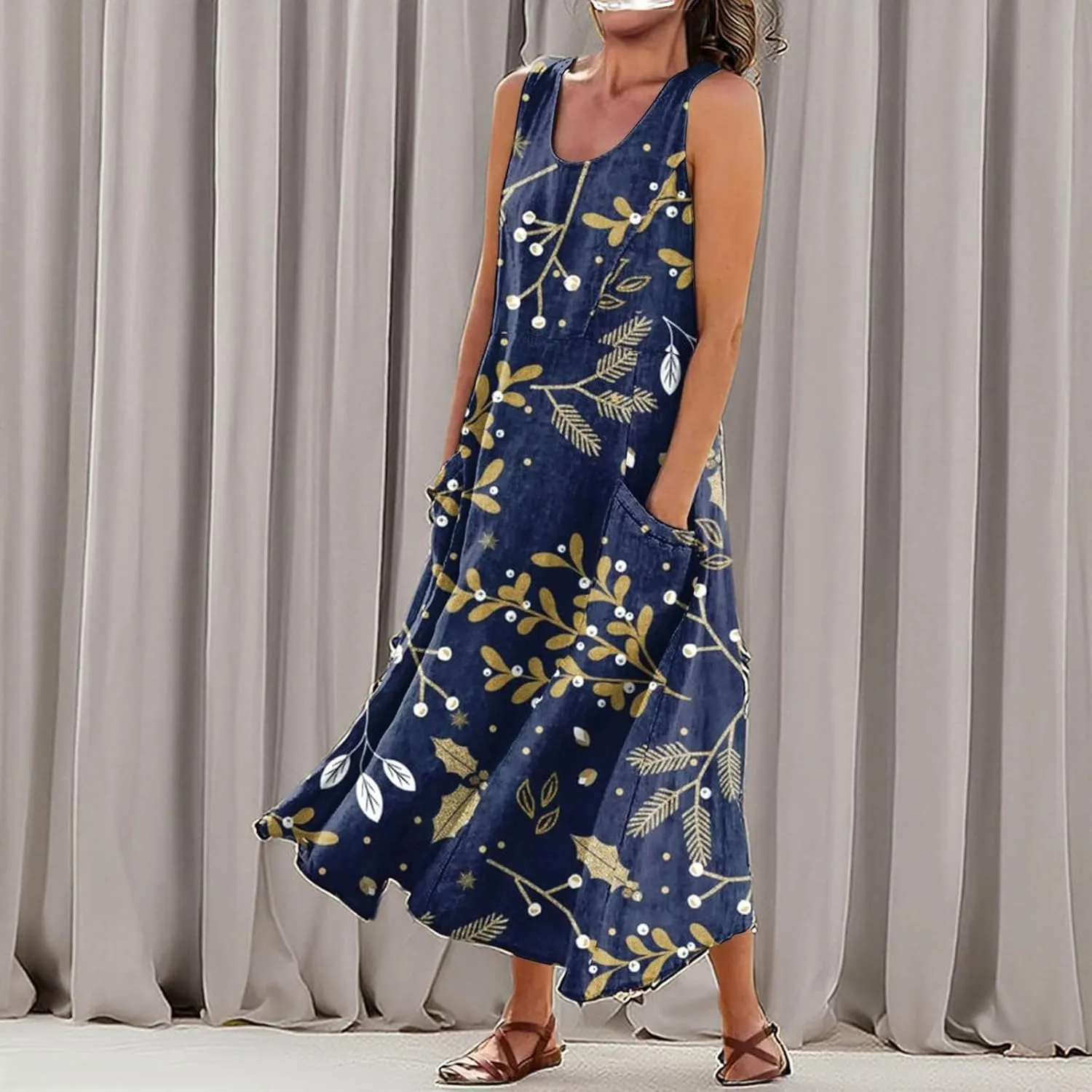 Sleeveless Dresses for Womens 2024 Beach Cotton Linen Floral Printed Dresses with Pockets Casual Flowy Long Dress