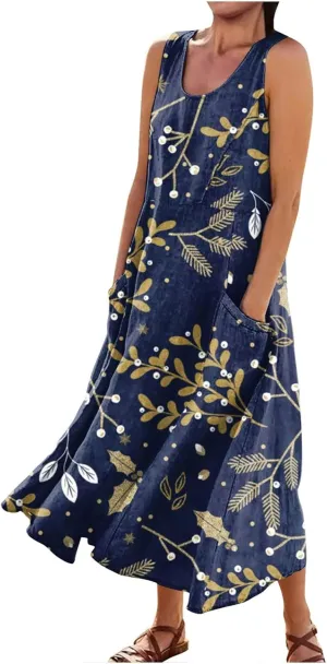 Sleeveless Dresses for Womens 2024 Beach Cotton Linen Floral Printed Dresses with Pockets Casual Flowy Long Dress