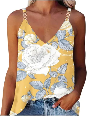 Spaghetti Strap Tank Tops for Women Sexy V Neck Loose Casual Sleeveless Shirts Floral Print Lightweight Basic Tees