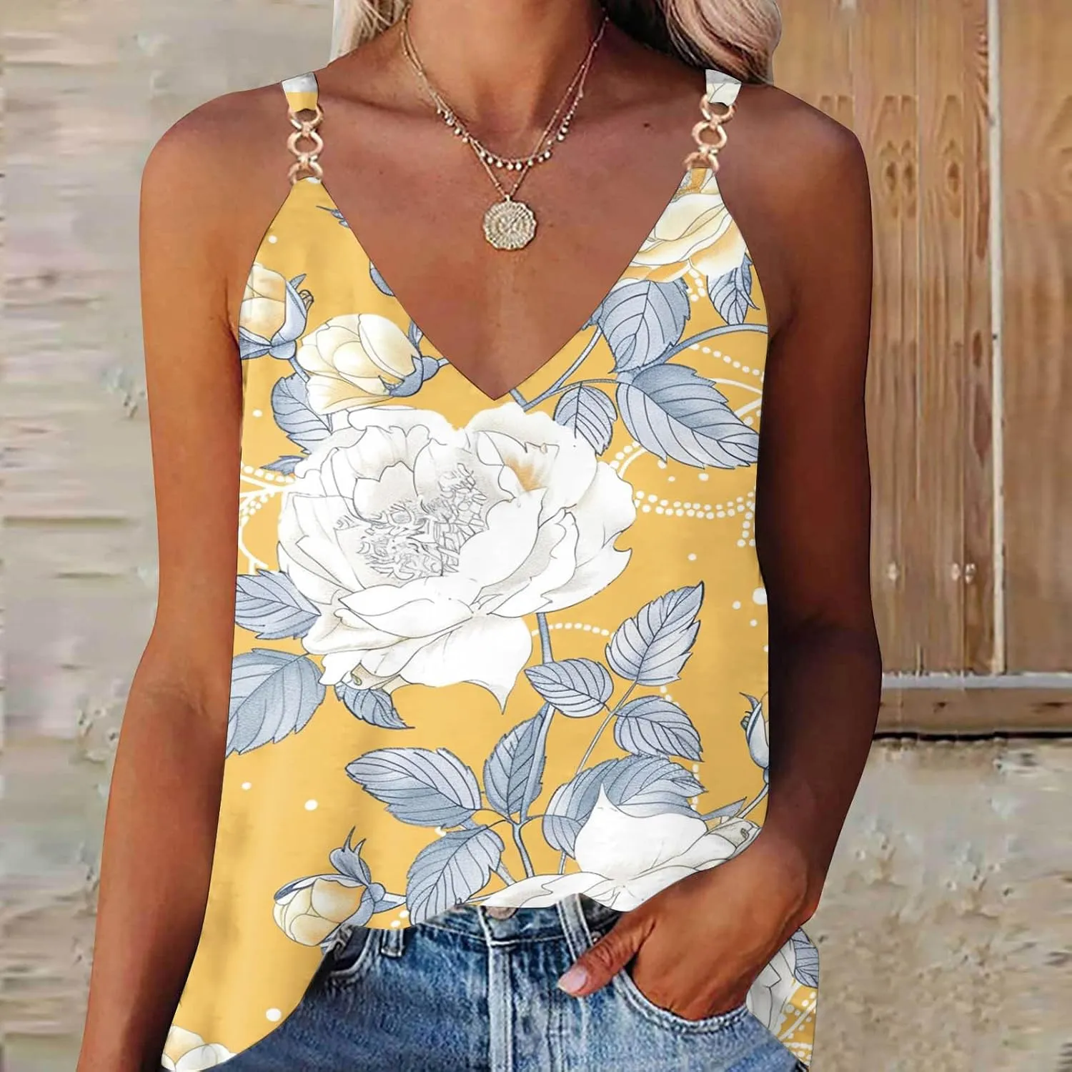 Spaghetti Strap Tank Tops for Women Sexy V Neck Loose Casual Sleeveless Shirts Floral Print Lightweight Basic Tees
