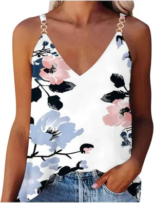 Spaghetti Strap Tank Tops for Women Sexy V Neck Loose Casual Sleeveless Shirts Floral Print Lightweight Basic Tees