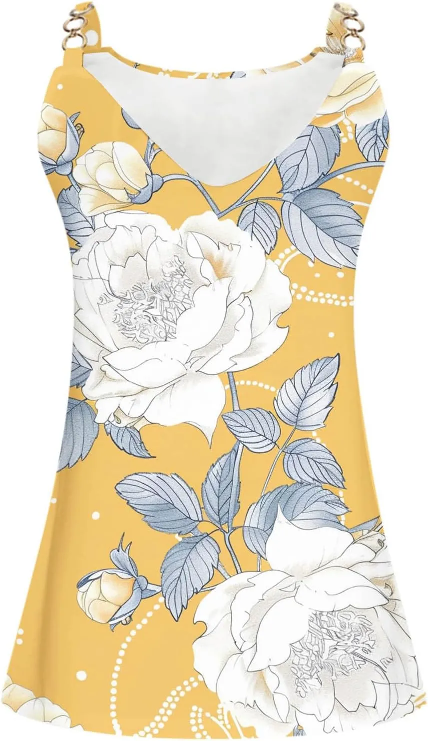 Spaghetti Strap Tank Tops for Women Sexy V Neck Loose Casual Sleeveless Shirts Floral Print Lightweight Basic Tees