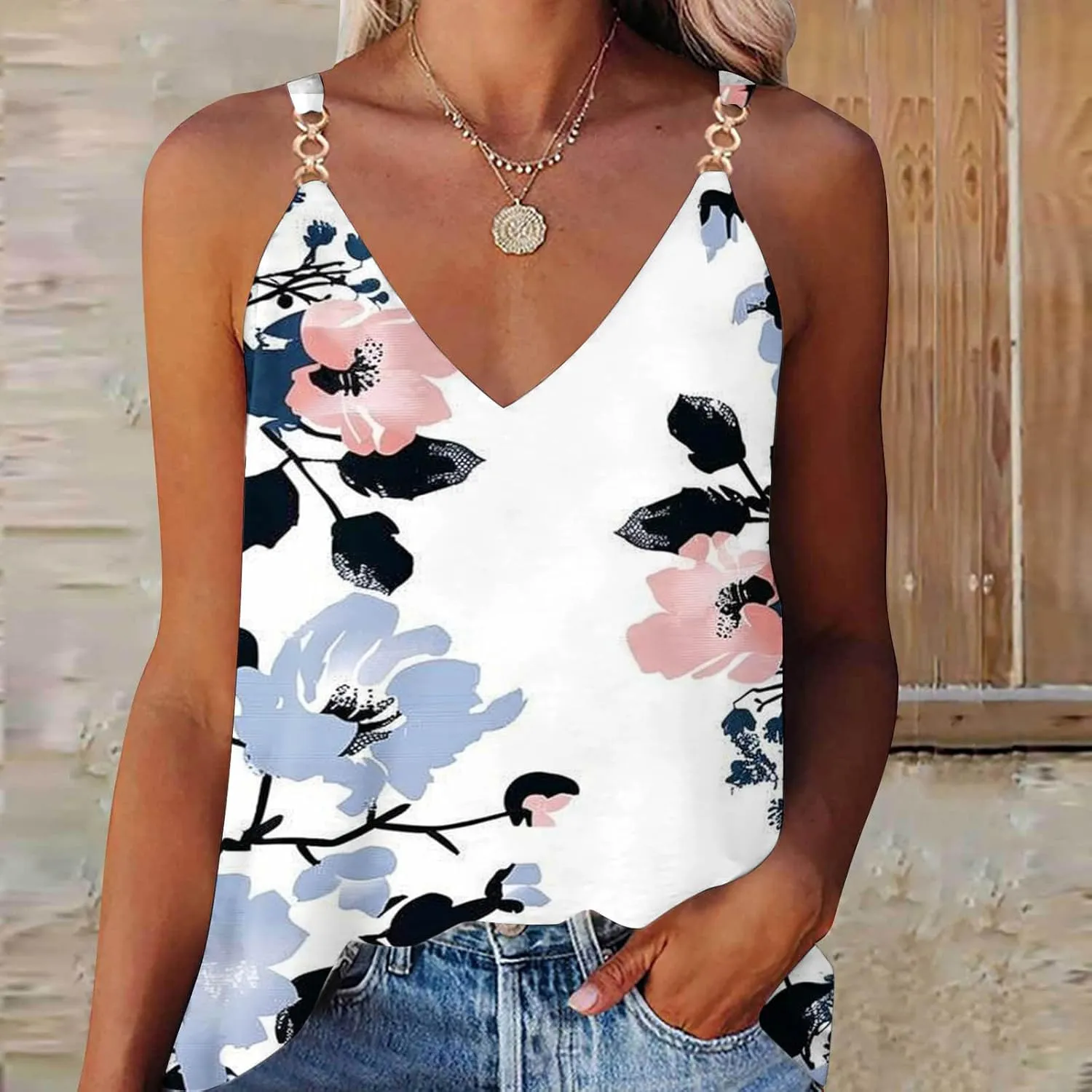 Spaghetti Strap Tank Tops for Women Sexy V Neck Loose Casual Sleeveless Shirts Floral Print Lightweight Basic Tees