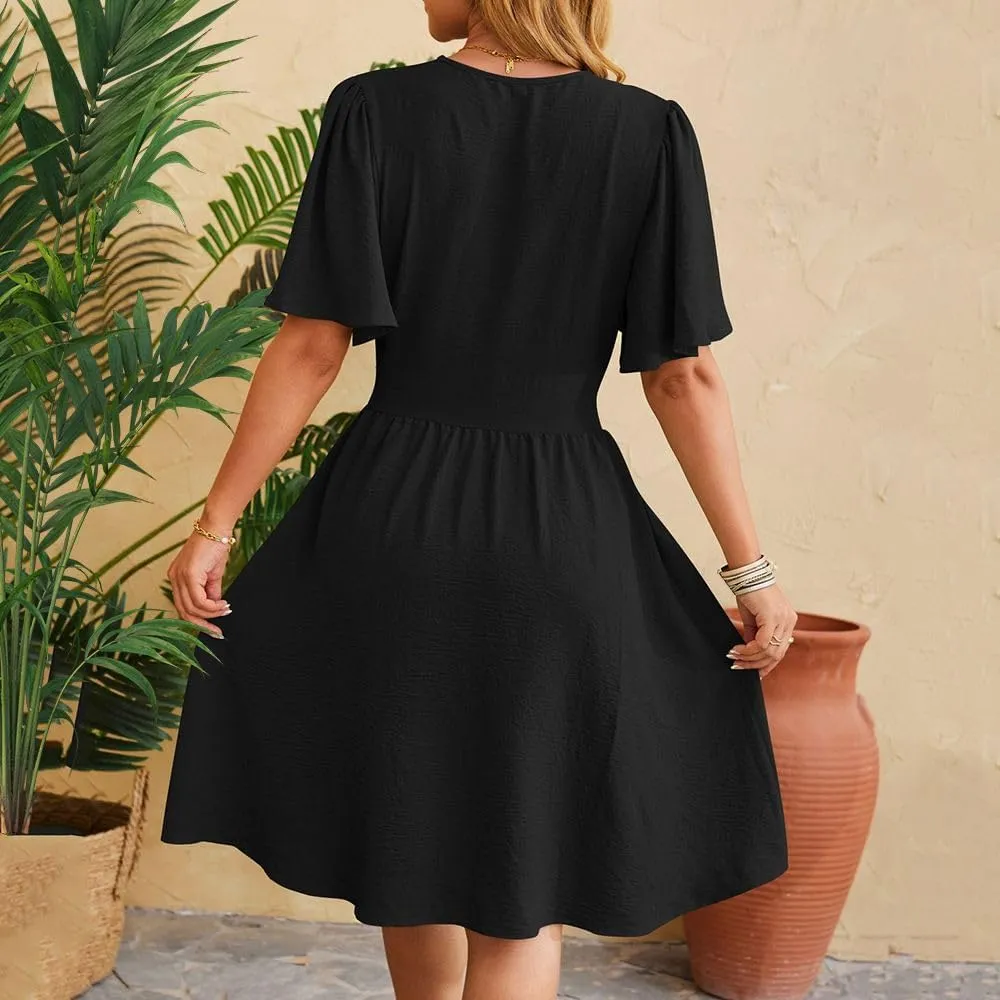 Spring/Summer Dresses for Women V-Neck Flared Sleeve Slimming Waist Ruffled Skirt Short Sleeve Beach Dress