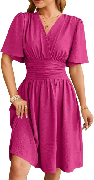 Spring/Summer Dresses for Women V-Neck Flared Sleeve Slimming Waist Ruffled Skirt Short Sleeve Beach Dress