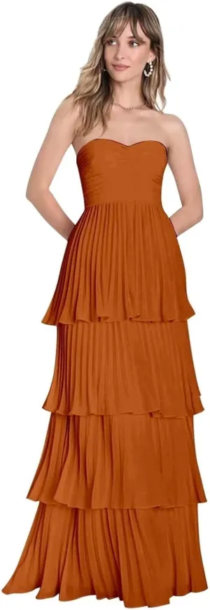 Strapless Prom Dresses 2025 Ruffle Bridesmaid Dresses Tiered Chiffon Formal Evening Dresses