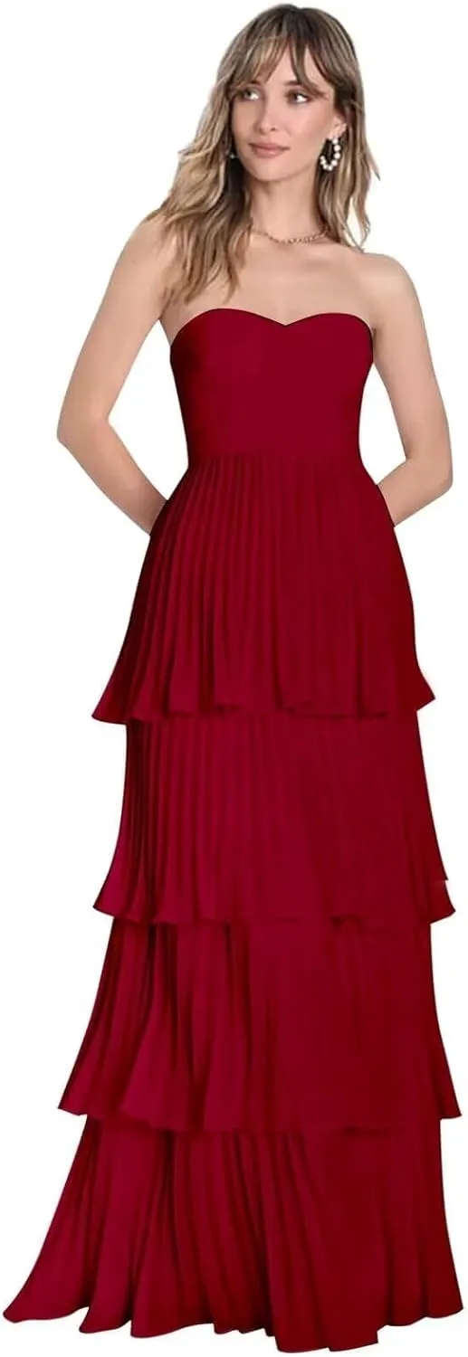 Strapless Prom Dresses 2025 Ruffle Bridesmaid Dresses Tiered Chiffon Formal Evening Dresses