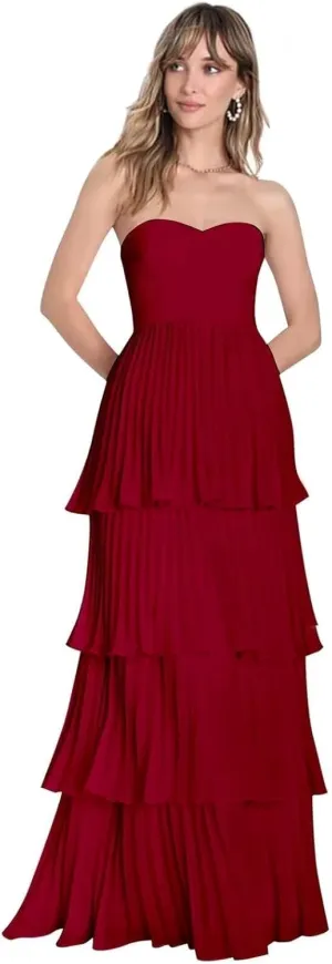 Strapless Prom Dresses 2025 Ruffle Bridesmaid Dresses Tiered Chiffon Formal Evening Dresses