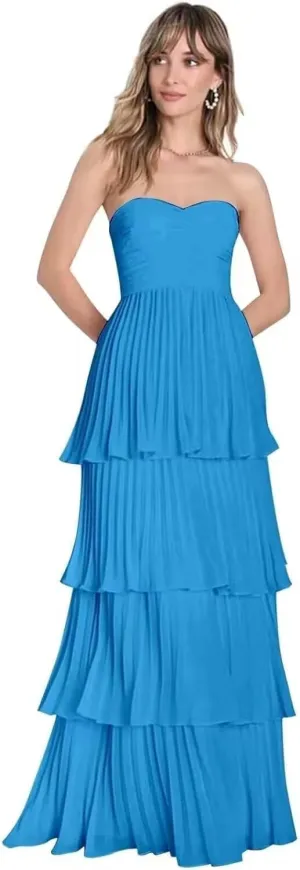 Strapless Prom Dresses for Women 2025 Tiered Bridesmaids Dresses Chiffon Ruffle Sweetheart Formal Party Gown