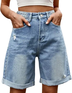 Stretch Denim Shorts Women High Waisted - Bermuda Mid-Rise Butt Lift Summer Long Denim 5 Inch Inseam with Pockets