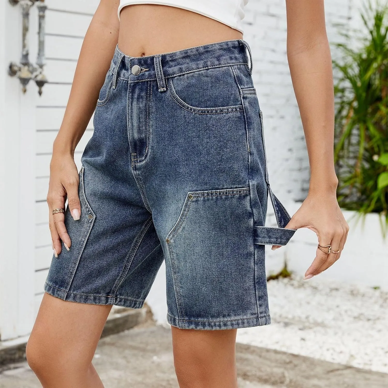 Stretch Denim Shorts Women High Waisted - Bermuda Mid-Rise Butt Lift Summer Long Denim 5 Inch Inseam with Pockets
