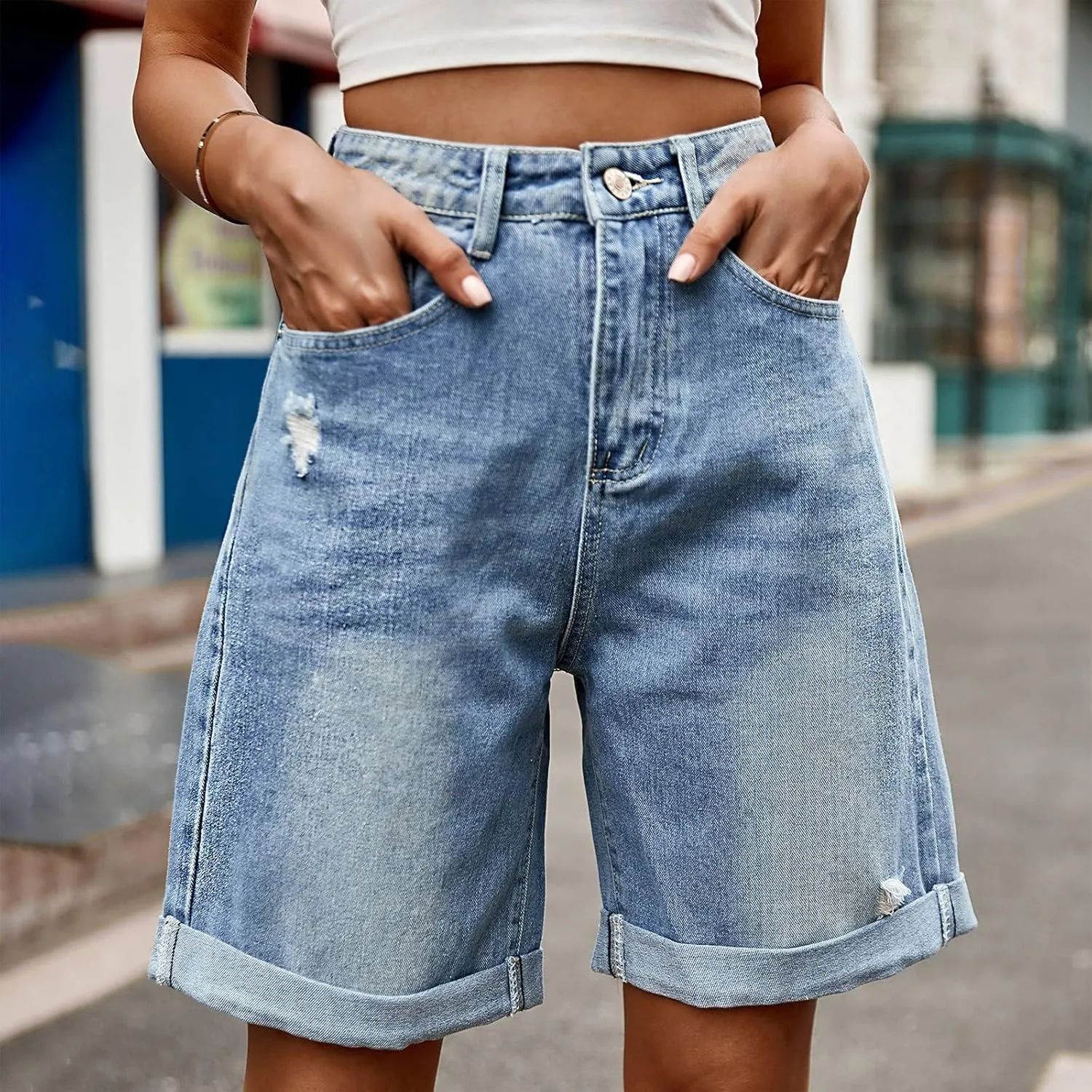 Stretch Denim Shorts Women High Waisted - Bermuda Mid-Rise Butt Lift Summer Long Denim 5 Inch Inseam with Pockets